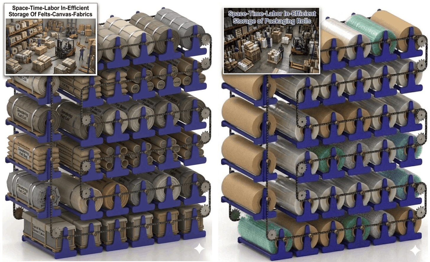 Vertical Carousels For Space-Time-Labor-Damage Efficient Vertical Storage Of Felts-Canvas-Fabrics Rolls Packaging Film Rolls In Paper Mills